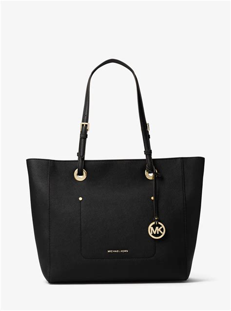 michael kors leather tote bag black|Michael Kors saffiano leather tote.